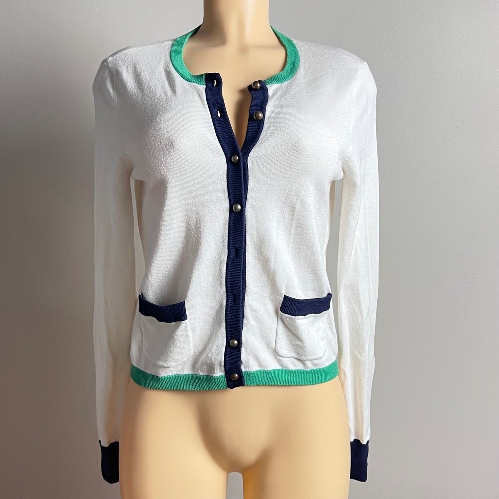 The Webster Cardigan Womens Medium White Green Navy Trim Button Front M